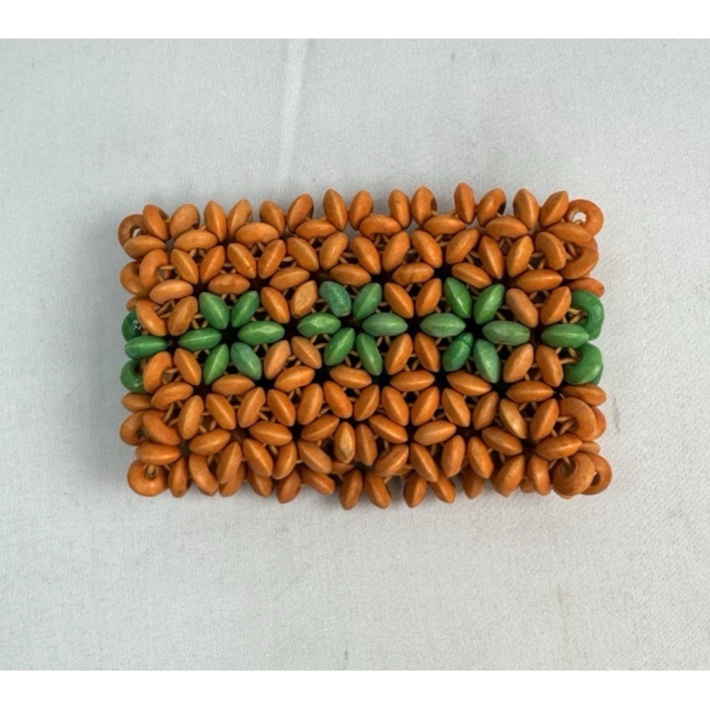 1980's Boho Stretch Bracelet Vintage Wooden Beaded Floral Elastic Wide Orange GC